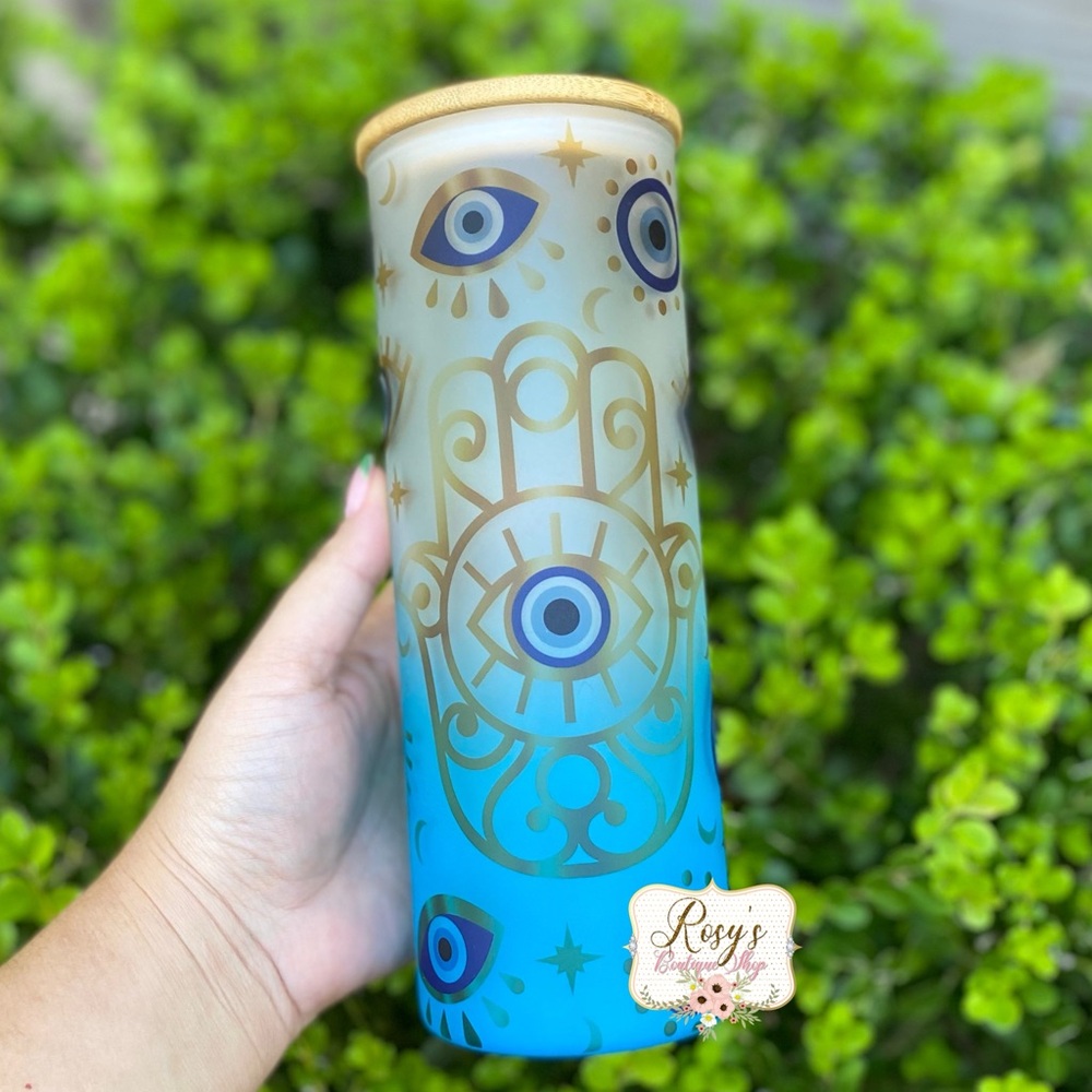 Evil Eye Blue 25oz Glass Tumbler with bamboo lid